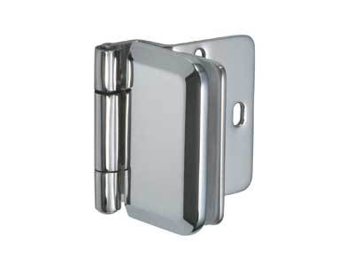 Half overlay glass door hinge for cabinets, sold individually, featuring a sleek chrome finish and durable design.