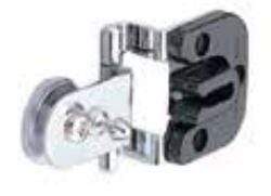 Half overlay glass door hinge for cabinets, available in multiple finishes, sold individually, includes catch mechanism.