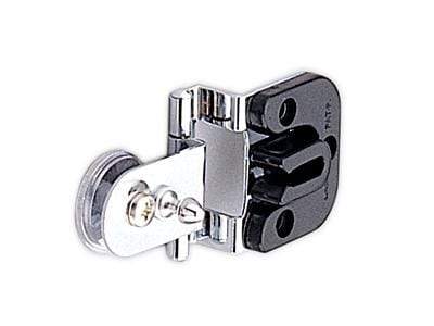 Half overlay glass door hinge for cabinets, available in multiple finishes, sold individually with catch included.