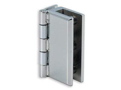 Polished stainless steel inset glass door hinge for cabinets, designed for pressure fit, sold individually.