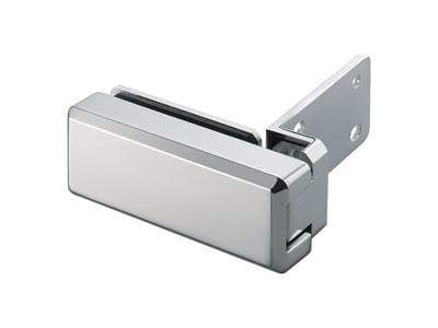 Chrome overlay glass door hinge for cabinets, includes catch, sold individually for sleek and modern installations.