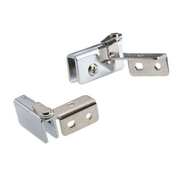 High-quality clip-on glass door hinges in steel, available in multiple sizes and finishes, sold in a 2-pack.