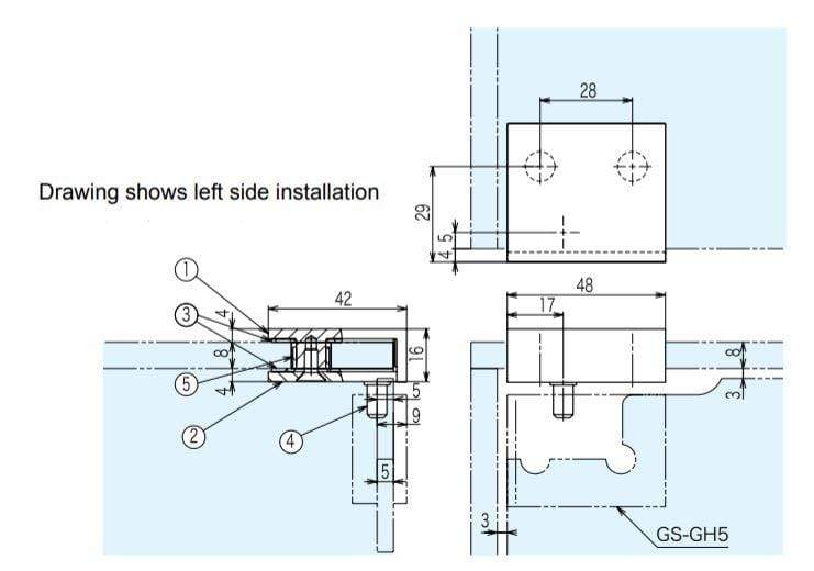 Detailed diagram of glass door hinges for cabinets, showing left side installation and dimensions for precise fitting.