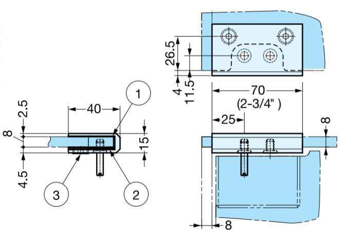 Chrome glass door hinge for cabinets, featuring a glass bracket, sold individually with detailed dimensions.