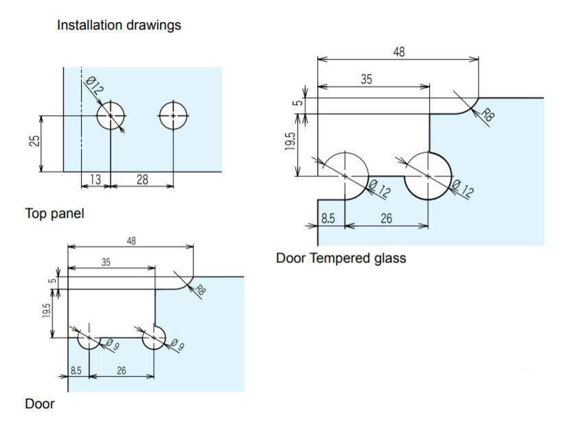 Glass door hinges for cabinets with installation drawings, showcasing dimensions and multiple finishes available.