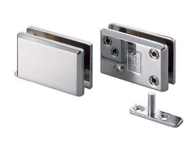 Pair of glass door pivot hinges designed for cabinets, featuring a sleek chrome finish and sturdy construction.