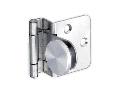Stainless steel half overlay glass door hinge for cabinets, sold individually, ideal for smooth door operation.