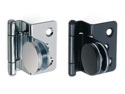Half overlay glass door hinge for cabinets, available in multiple finishes, sold individually for versatile applications.