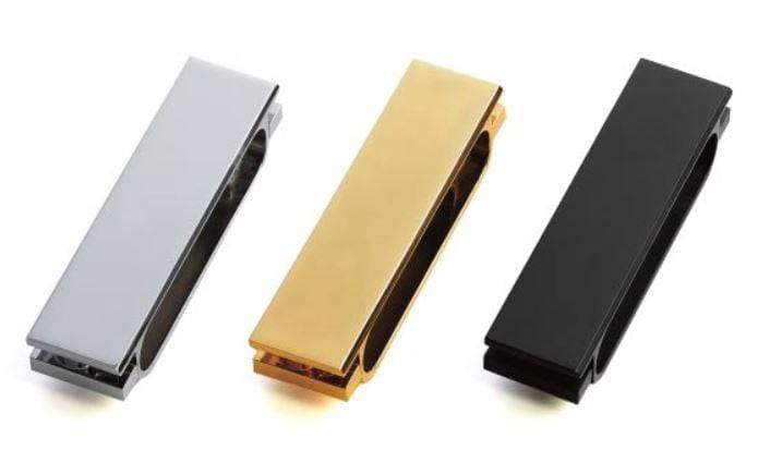 Glass door hinges for cabinets available in multiple finishes, sold individually for versatile installation options.