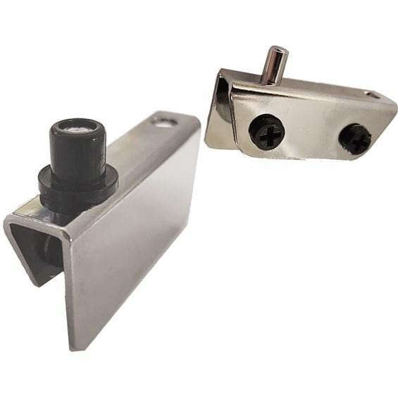 Self-latching glass door hinges in multiple finishes, designed for inset installation, sold in a 2 pack.