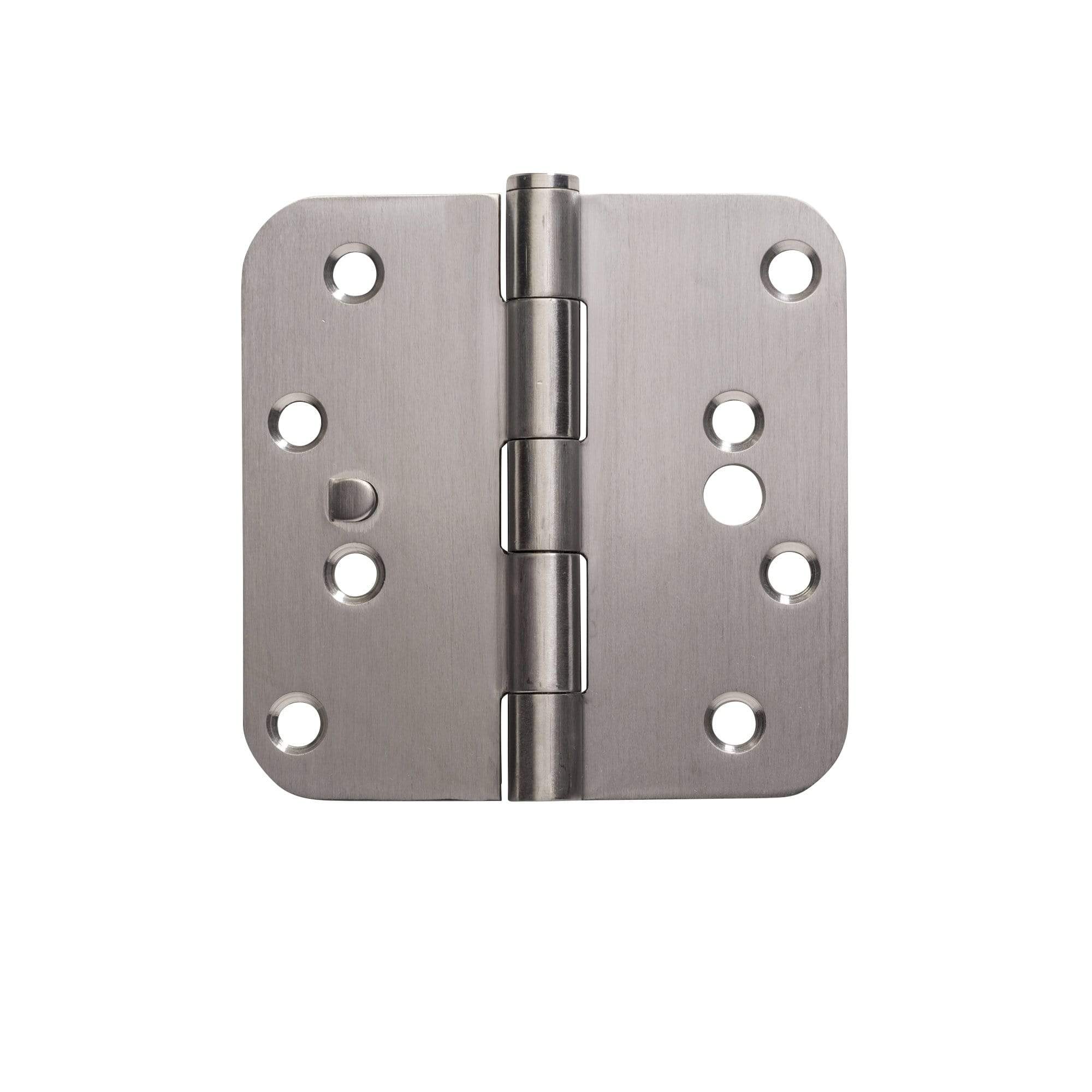 Stainless steel 4x4 plain bearing hinge with security tab and 5/8-inch radius corners, sold in pairs for durability.