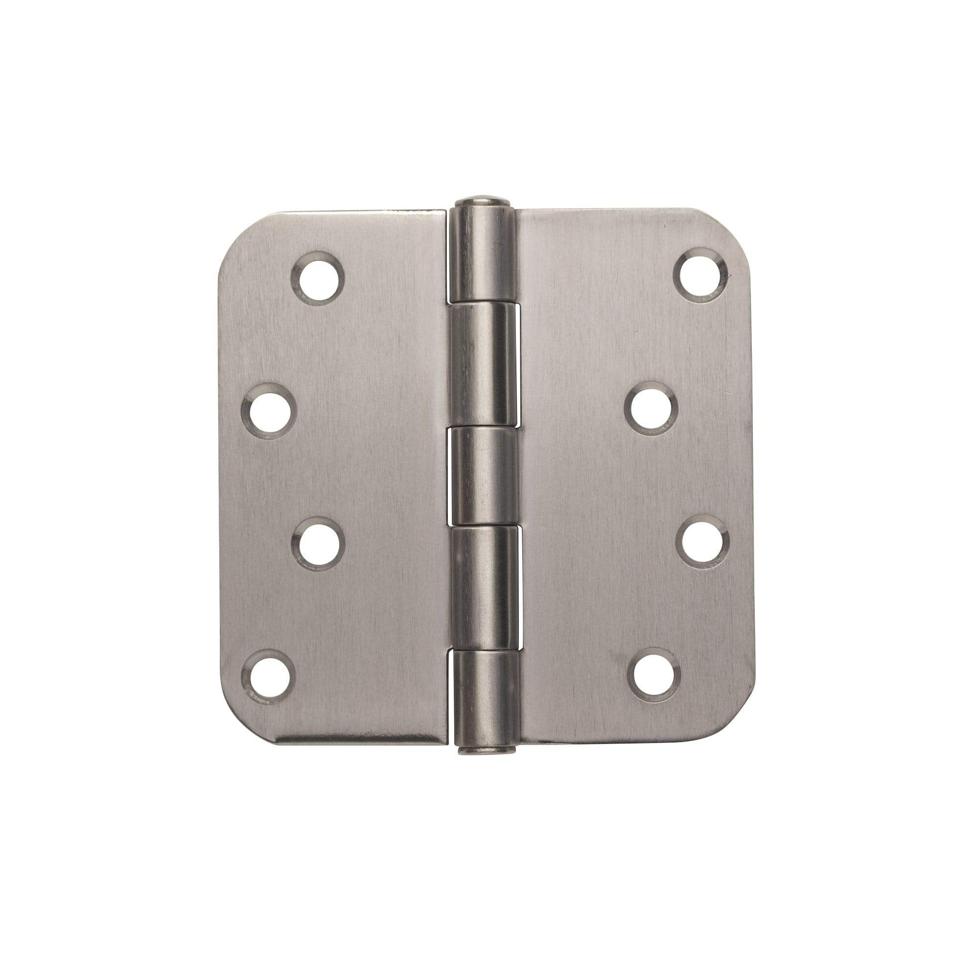 Stainless steel 4x4 plain bearing residential hinges with 5/8-inch radius corners, sold in pairs for durability.