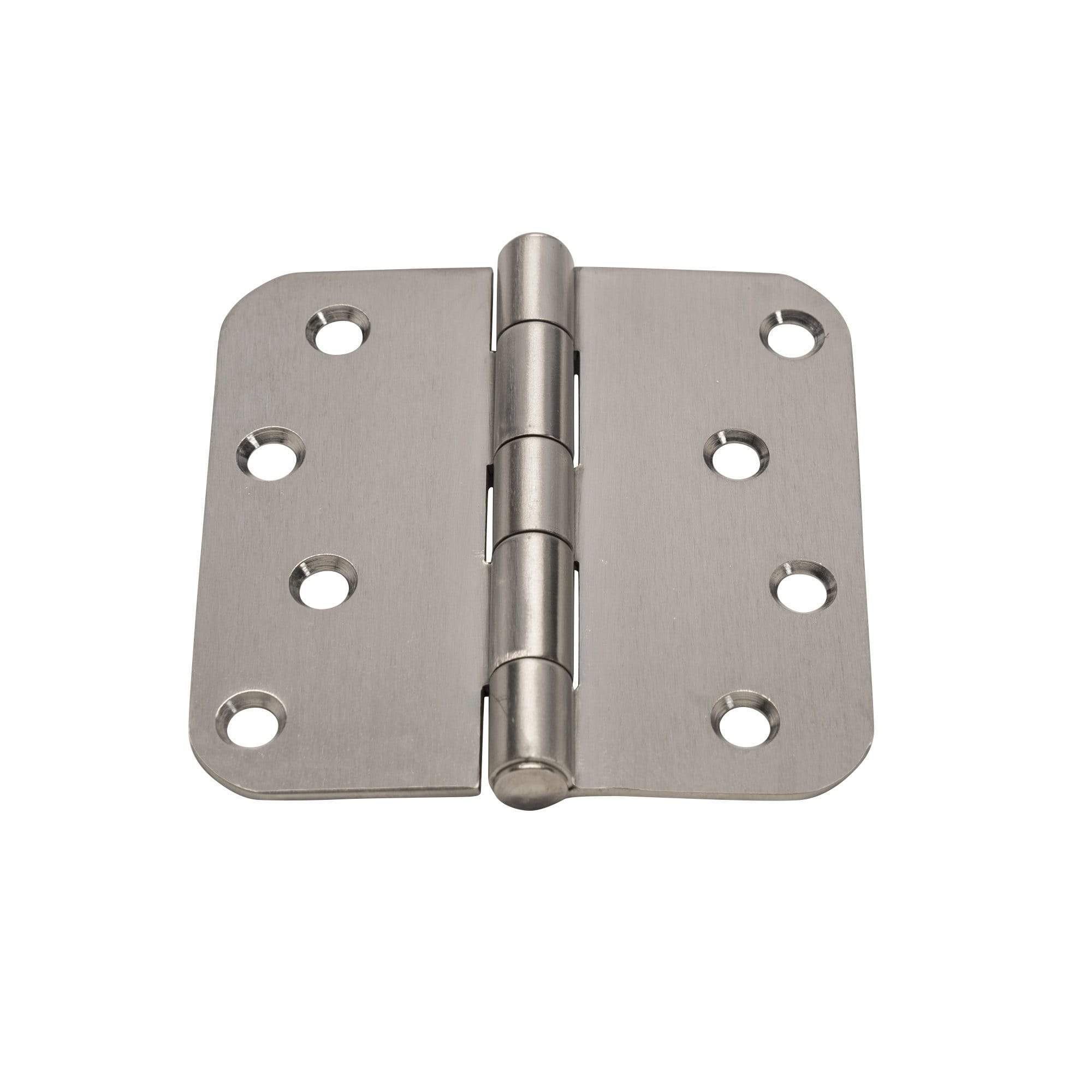 Stainless steel 4x4 residential hinges with plain bearing and 5/8-inch radius corners, sold in pairs for durability.