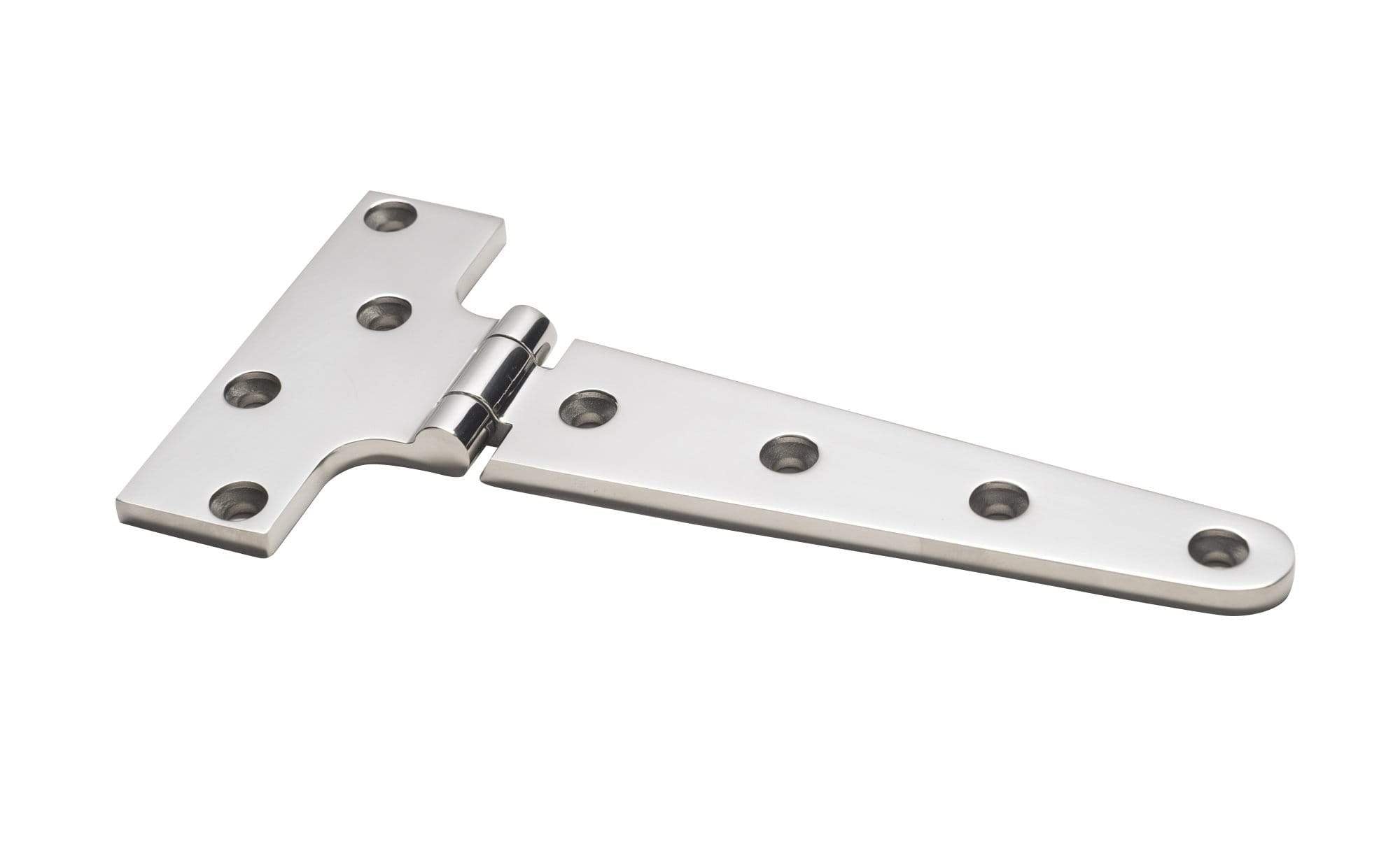 Stainless steel marine heavy duty strap T-hinge, 7 inches, designed for durability in marine applications.