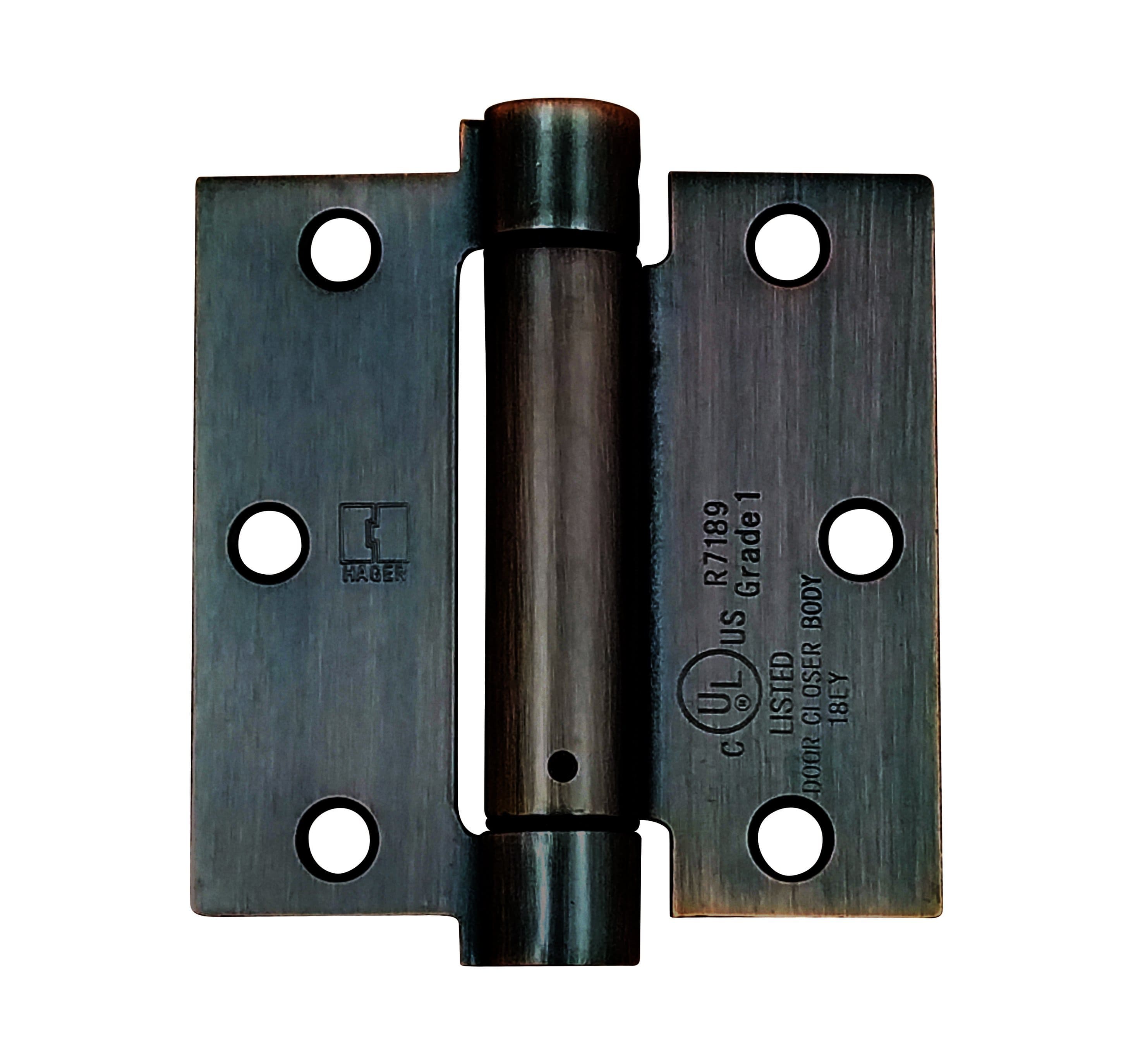 Hager spring hinge, 3.5 inches square, available in multiple finishes, sold individually for doors and gates.