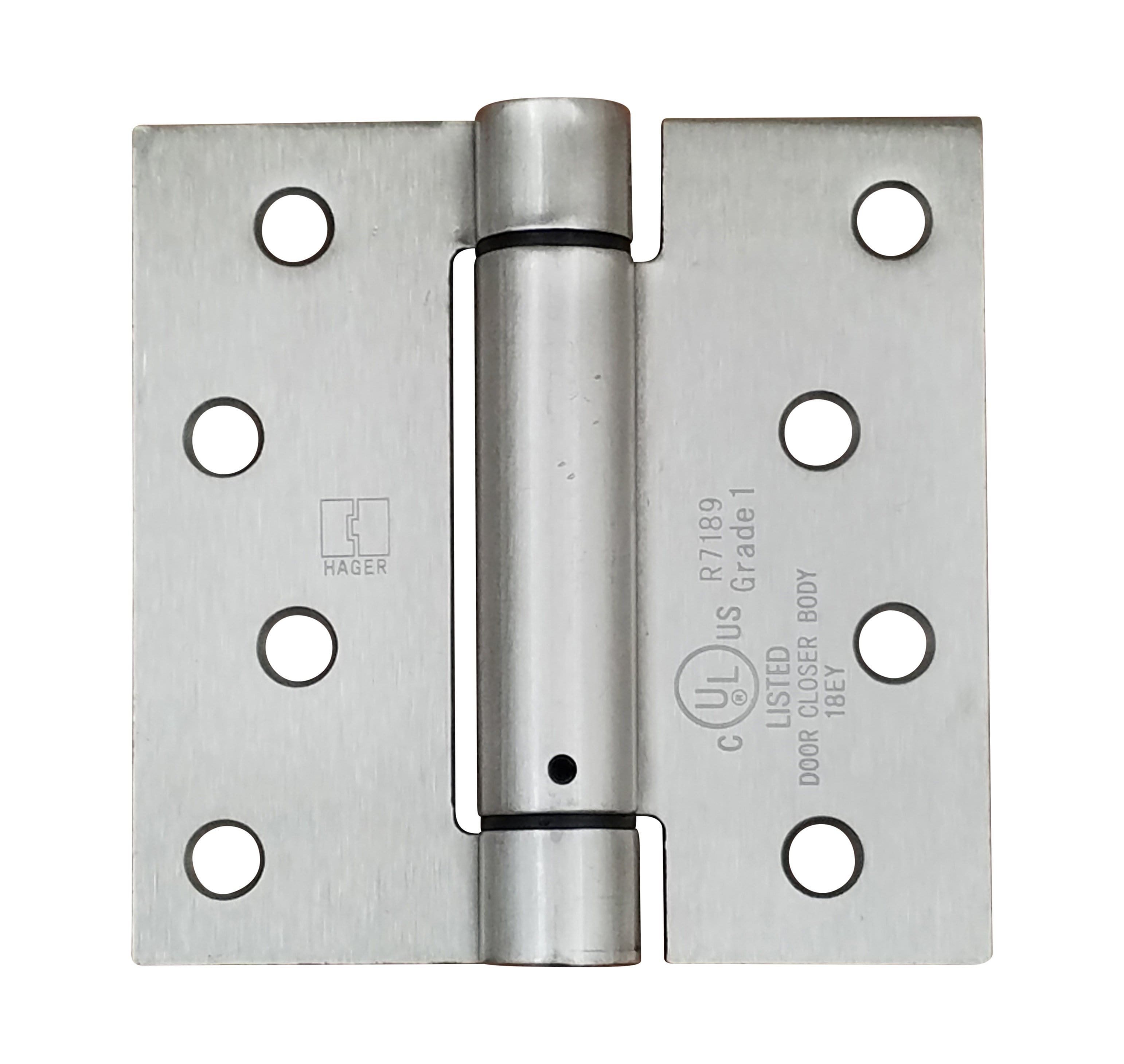 Hager 4-inch square spring hinge in multiple finishes, sold individually for doors and cabinets.