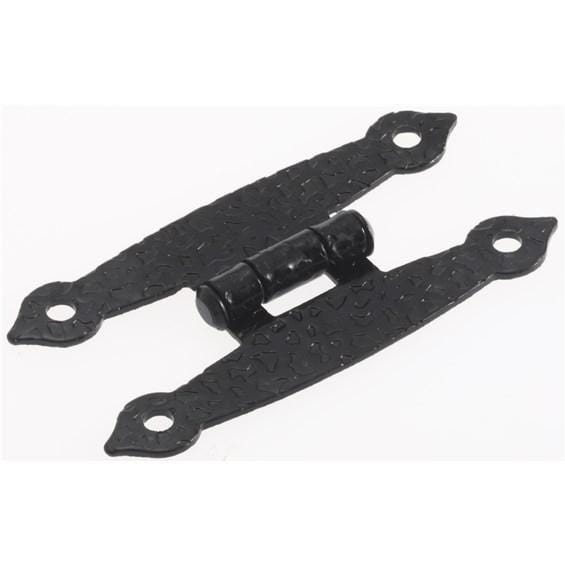 Hammered iron H-hinge with spade ends in black finish, available in multiple sizes, sold individually.