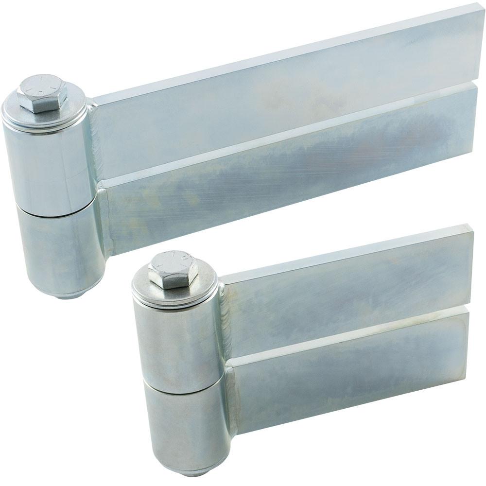 Heavy duty uphill hinge set for gates, steel construction, zinc plated, supports up to 1000 lbs, sold as a set.