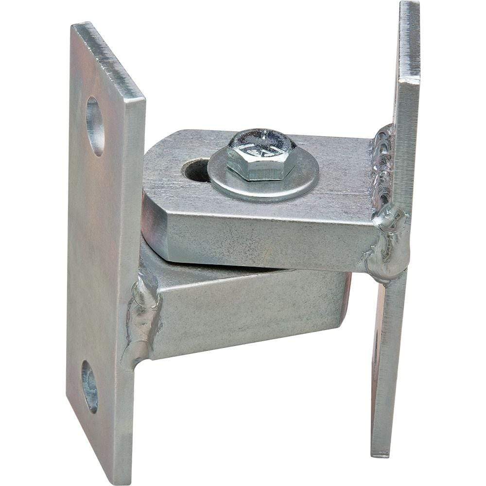 Heavy duty bolt-on baby badass gate hinge made of steel with zinc plating, supports gates up to 150 lbs, sold individually.