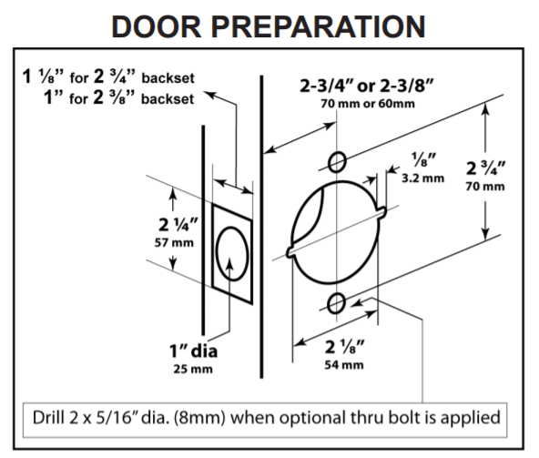 Heavy duty cylindrical entrance leverset and deadbolt door preparation diagram with detailed measurements and drilling instructions.