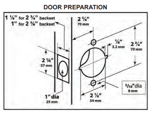 Detailed diagram for heavy-duty cylindrical entrance leversets installation, showing door preparation dimensions and specifications.