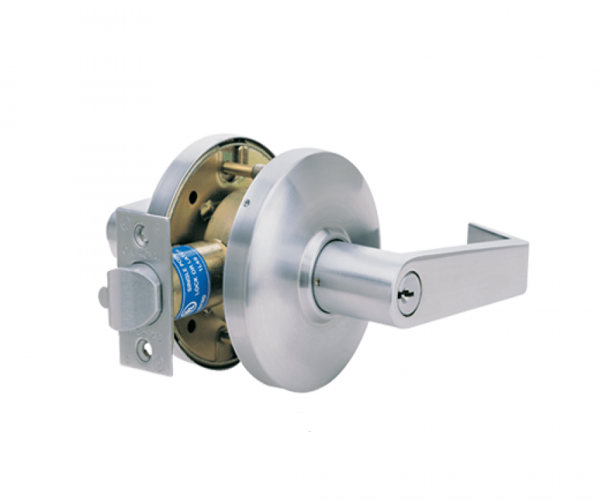 Heavy duty cylindrical entrance leverset with a sleek design, available in multiple finishes for durability and style.