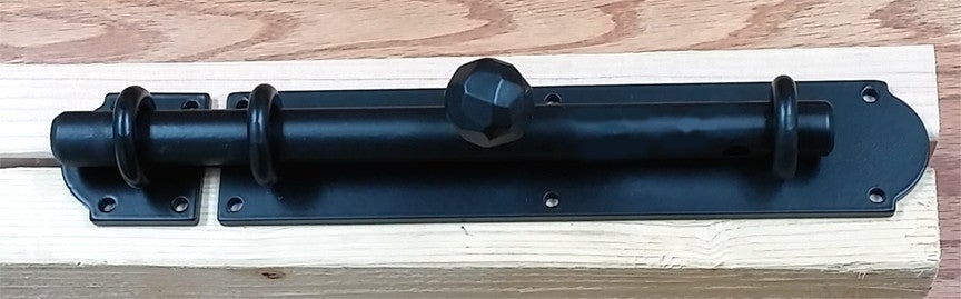 Heavy duty rustic slide bolt for gates and doors, dual side operation, black powder coat finish, sold as set.