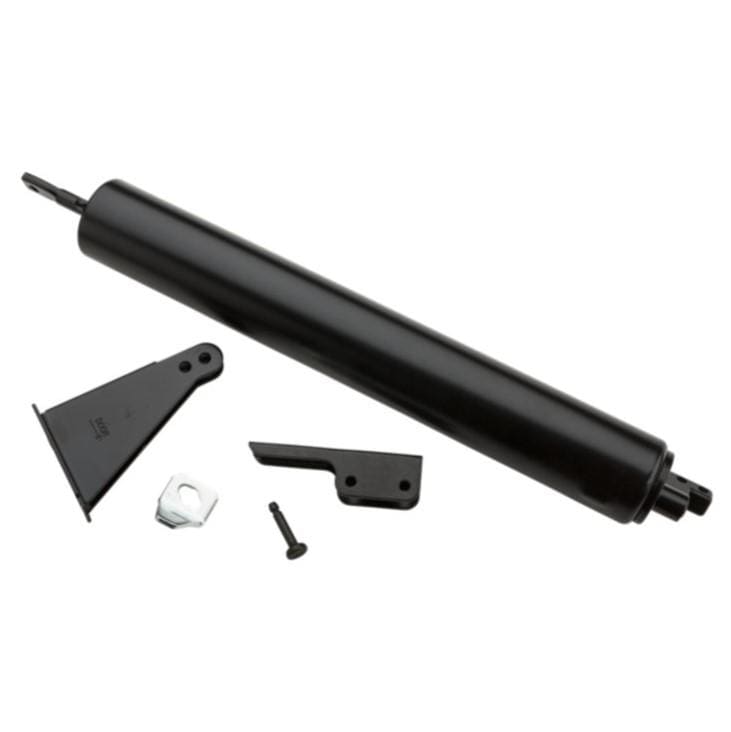Heavy duty adjustable screen storm door closer in black, includes mounting hardware for easy installation.