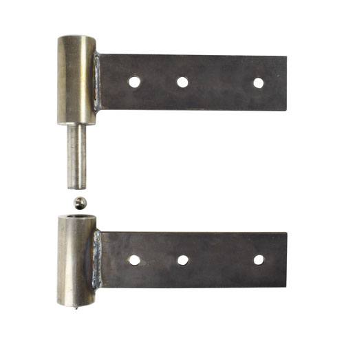 Heavy duty steel swing gate hinges with 10-inch leaves, available in weld-on or bolt-on options, sold in pairs.