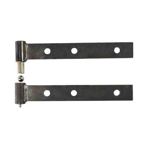 Heavy duty steel swing gate hinges with 10-inch leaves, available in weld-on or bolt-on options, sold in pairs.