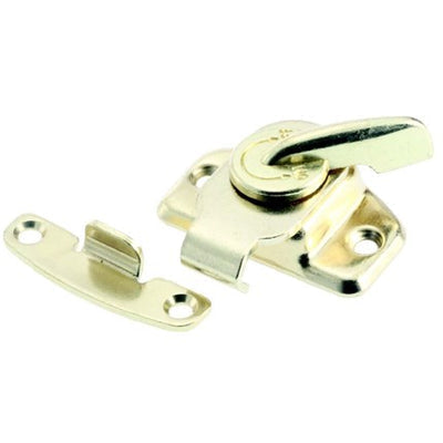 Heavy duty brass finish table latch with a lever and strike plate, ideal for secure closures on furniture.