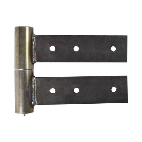 Heavy duty steel swing gate hinges with 10-inch leaves, available in weld-on or bolt-on styles, sold in pairs.