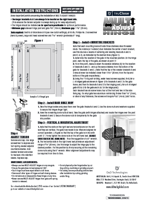 Multi-Adjustable Gate Spring Hinge - Black For Gate Gap (5/8" - 1 3/8") TCHDMA1 For Metal, Vinyl or Wood Gates - Gate Hinges and Hardware  - 2