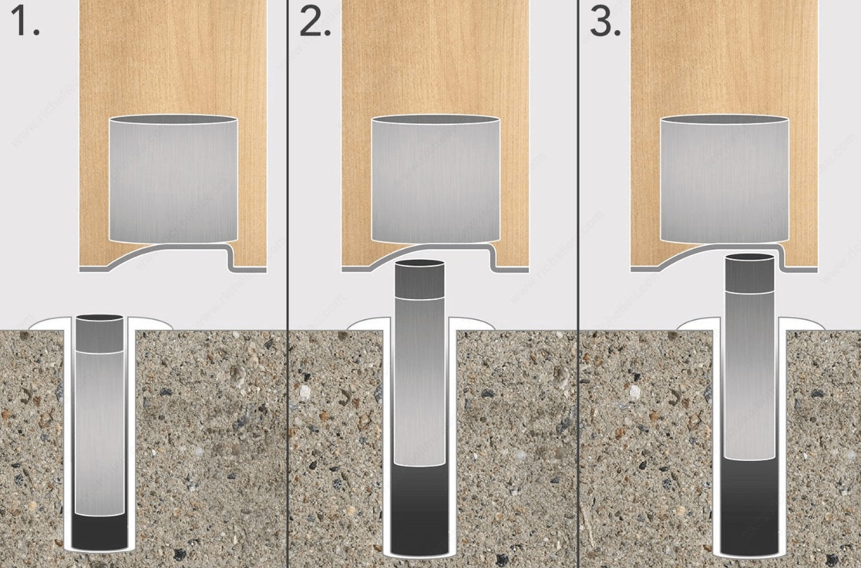 Hidden magnetic door stop installation guide showing three steps for securing the stop into wood and concrete surfaces.