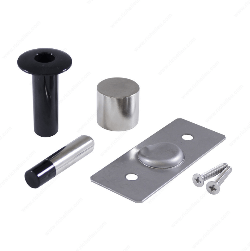 Hidden magnetic door stop in various finishes, includes mounting plate and screws for easy installation.