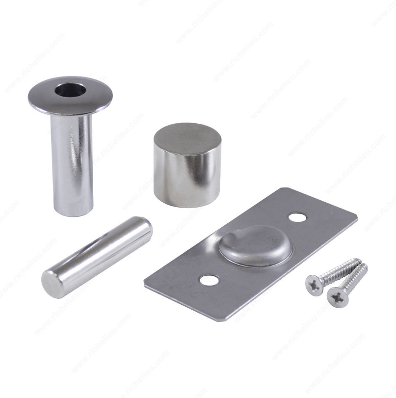 Hidden magnetic door stop set with various finishes, includes mounting plate and screws for easy installation.