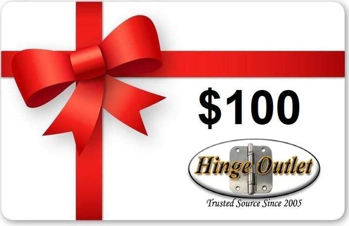 Christmas gift card for Hinge Outlet featuring a red bow and a $100 value, ideal for hardware enthusiasts.