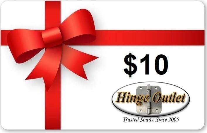 Christmas gift card for Hinge Outlet featuring a red bow and a $10 value, ideal for hardware purchases.