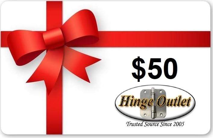 $50 Christmas gift card for Hinge Outlet featuring a red bow and logo, ideal for hardware enthusiasts.