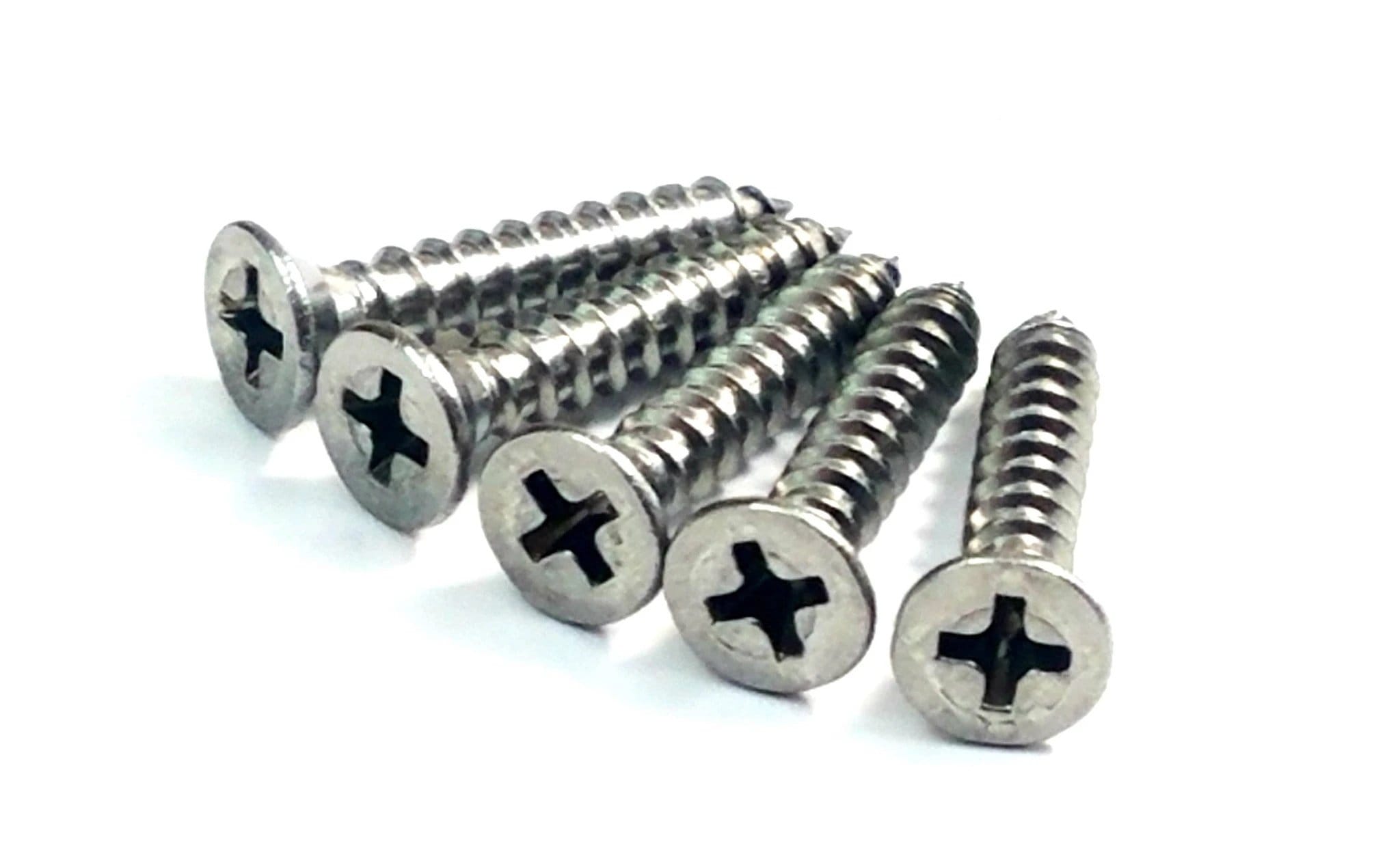 Satin nickel door hinge wood screws, #9 size, 1 inch long, arranged in a row for easy viewing.