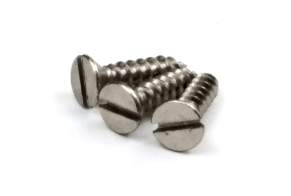 Satin nickel slotted hinge screws for doors, flat head, size #9 x 3/4 inch, ideal for secure fastening.