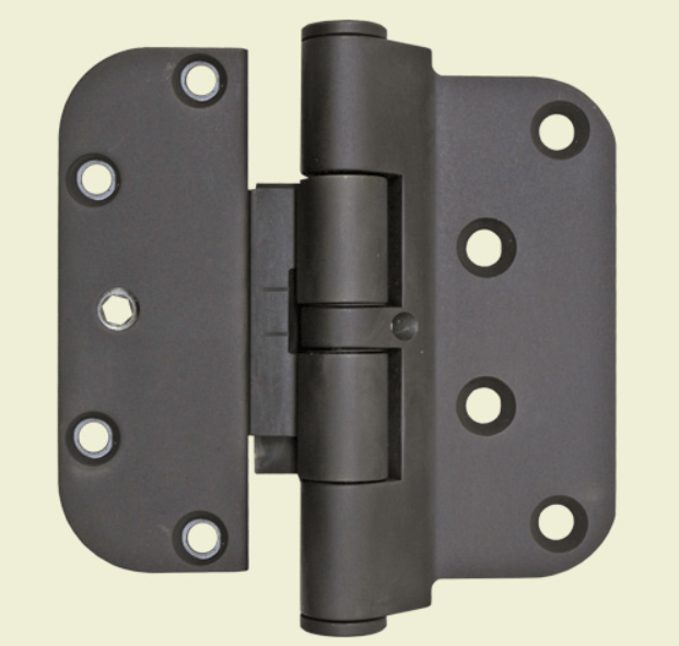 Hoppe adjustable guide hinges in oil rubbed brass, 4" wide x 3 5/8" tall, with non-removable pin for added security.