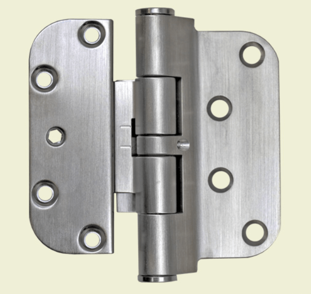 Hoppe adjustable guide hinge in satin nickel finish, 4" wide and 3 5/8" tall, features a non-removable pin for security.