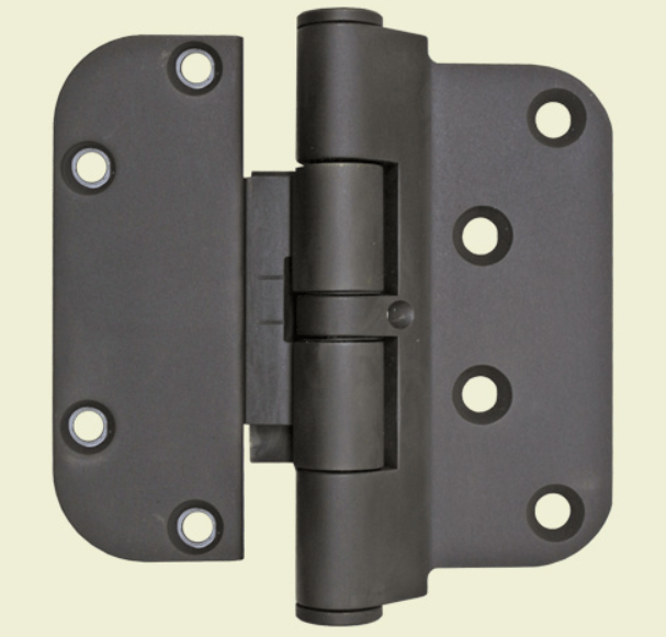 Hoppe adjustable set hinges in oil rubbed brass finish, 4" wide and 3 5/8" tall, featuring non-removable pin for security.