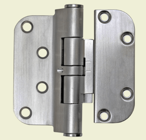 Hoppe adjustable set hinges in satin nickel finish, 4" wide x 3 5/8" tall, featuring a non-removable pin for security.