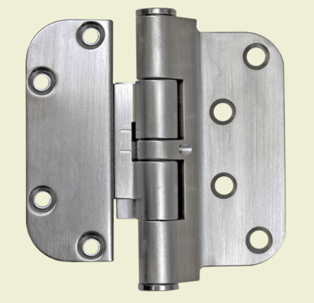 Hoppe adjustable set hinges in satin nickel finish, 4" wide x 3 5/8" tall, featuring a non-removable pin for security.