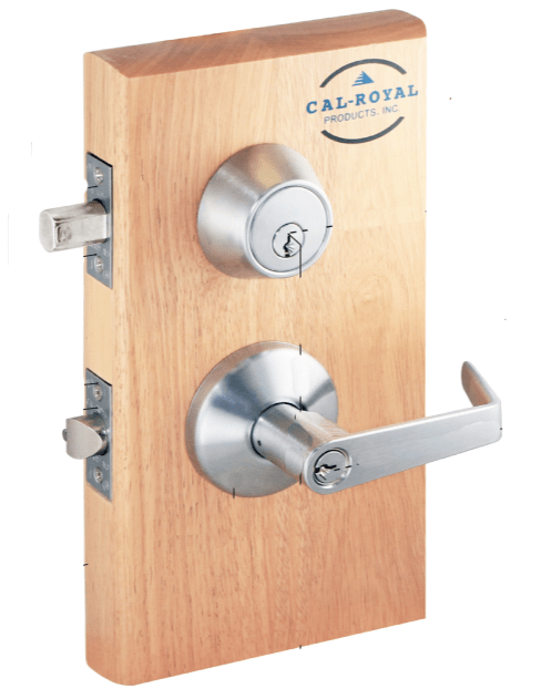 Interconnected entrance lockset and deadbolt with double locking feature on a wooden background, available in multiple finishes.