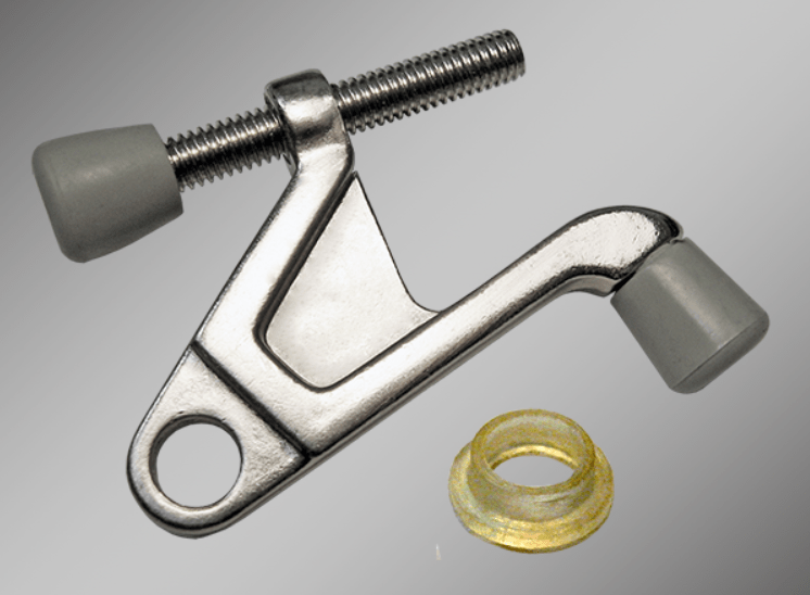 Jumbo hinge pin door stop with removable nylon bushing for 3.5 to 4.5-inch hinges, available in multiple finishes.