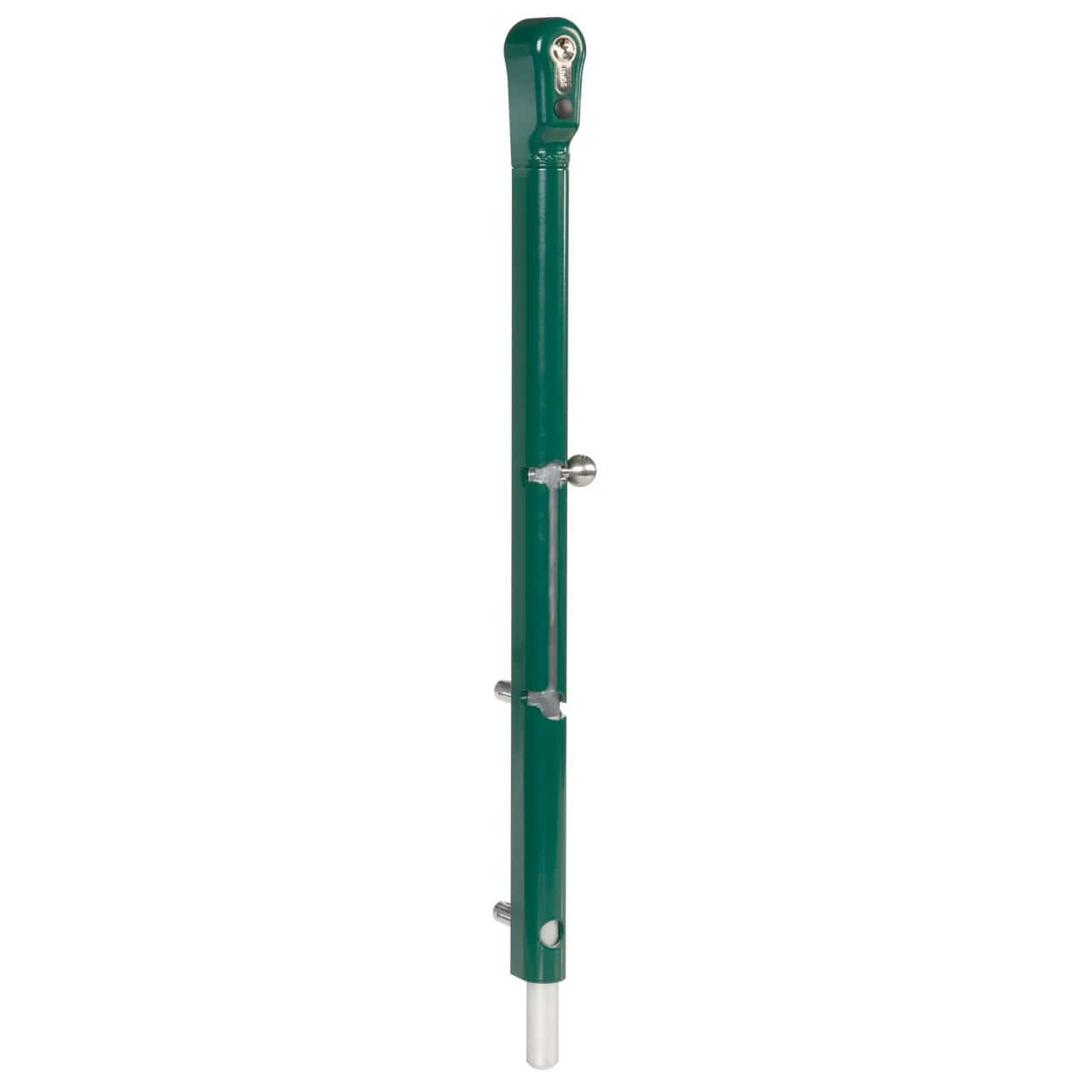 Key lockable drop bolt for gates, designed for square profiles, available in multiple finishes, sold individually.