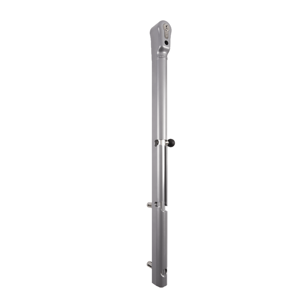 Key lockable drop bolt for gates, designed for square profiles, available in multiple finishes, sold individually.